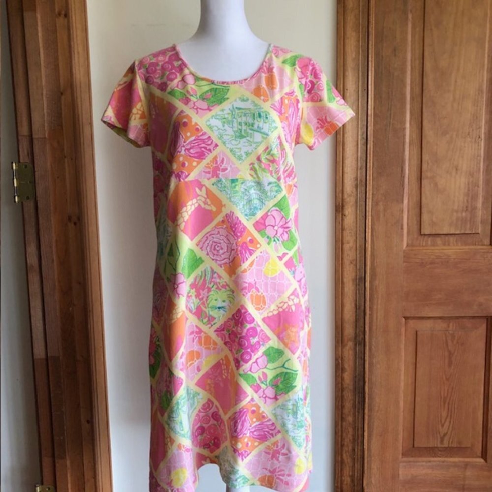 LILLY PULITZER Vintage Empire Short Sleeve Shift Pink Print Dress Medium